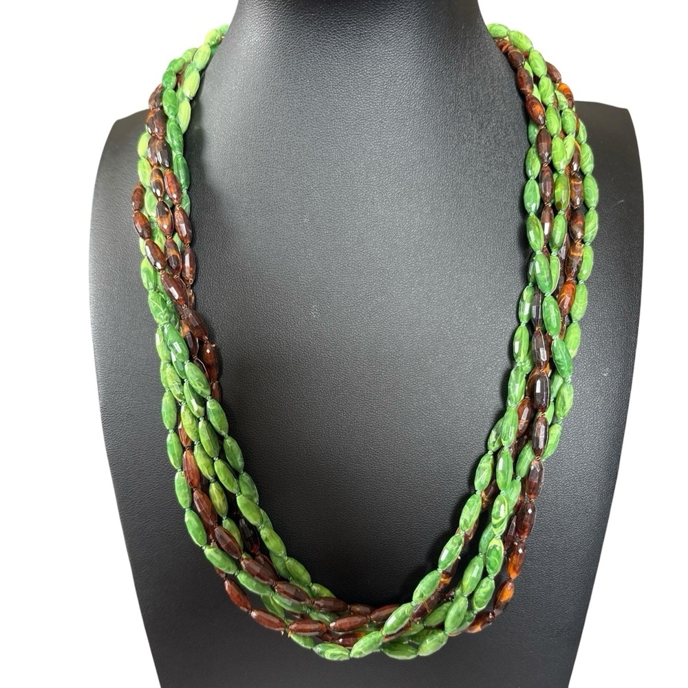 Green & Brown Necklace Plastic Faceted Tube Bead Multistrand Vintage Marbled 23"